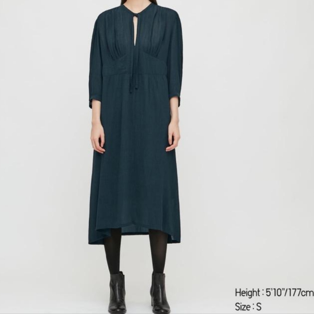 NWT Uniqlo viscose bowtie 3/4 sleeve midi dress black L